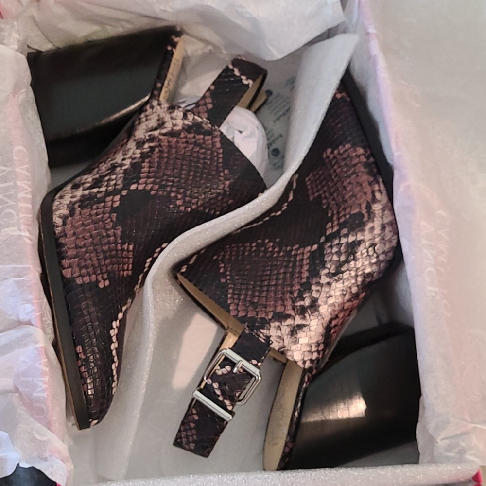 Snake skin booties heels strappy pointy